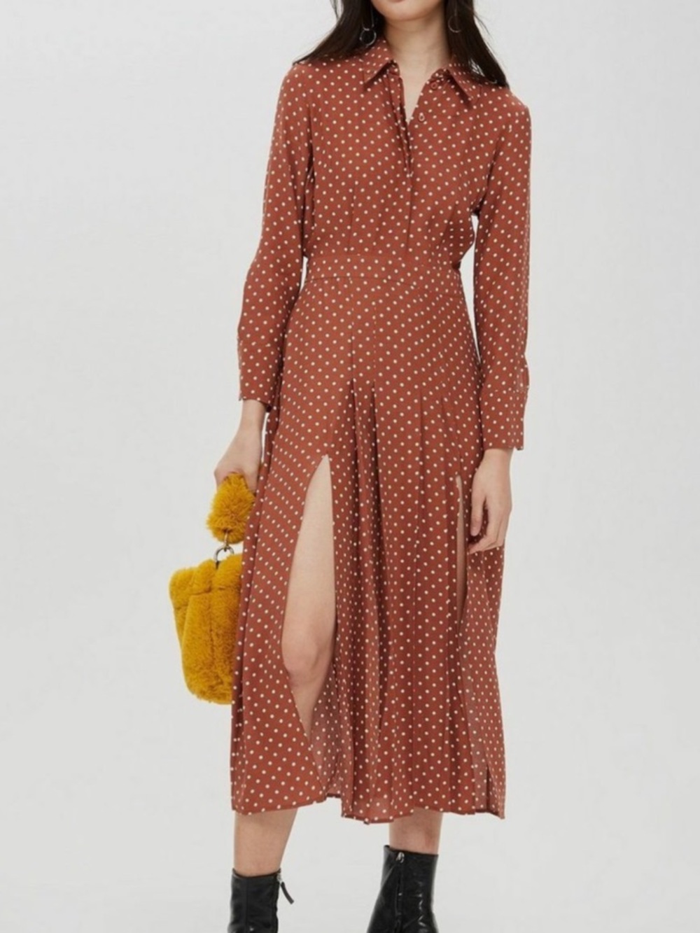 Topshop polka dot brown double slit dress